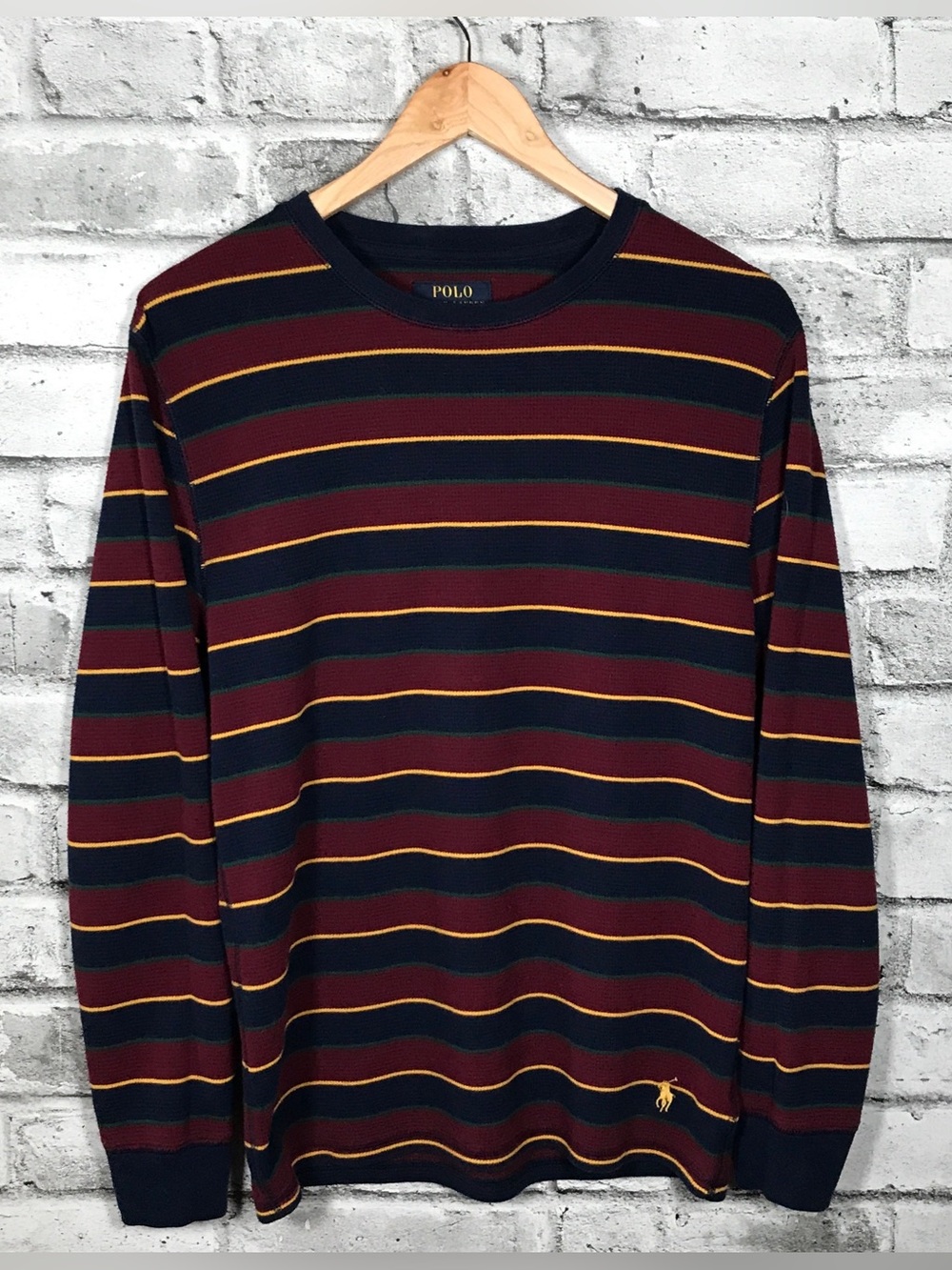 Polo by Ralph Lauren Navy, Burgundy & Gold Striped Waffle top